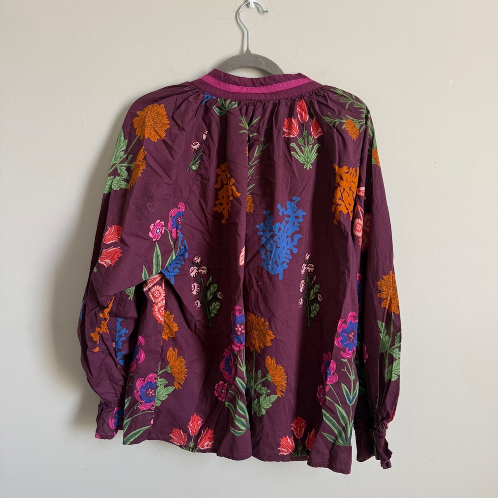 Umgee Floral Print Split Neck Blouse Purple Boho Long Sleeve Ruffle Cuff 1XL - Picture 3 of 3